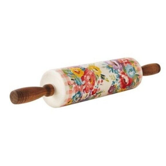 The Pioneer Woman Ceramic Rolling Pin Sweet Romance Blossom w/Acacia Handles NEW - Picture 7 of 12